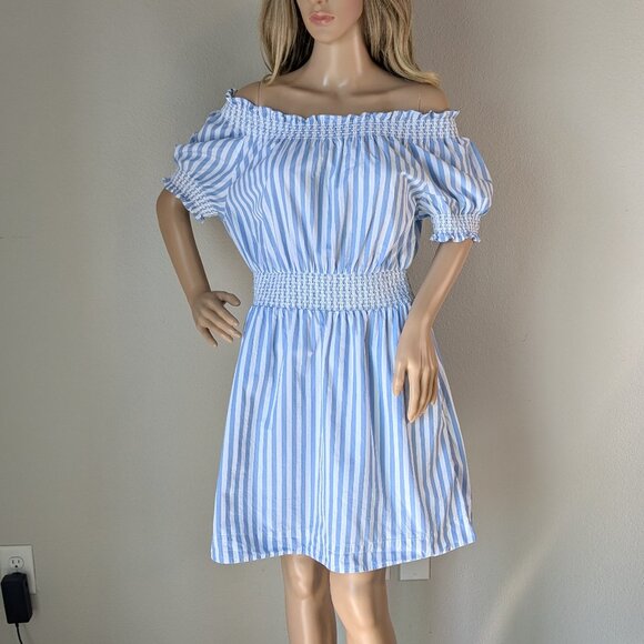J Crew Mini Dress Women's Medium Blue White Stripe Off-Shoulder Smocked Poplin - Picture 1 of 14